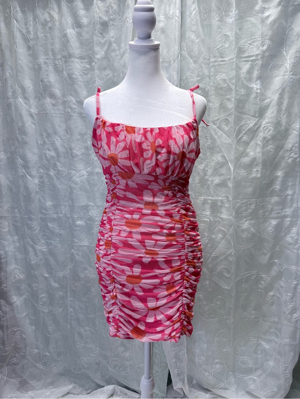 Crystal Doll Pink & Coral Floral Ruched Mini Dress